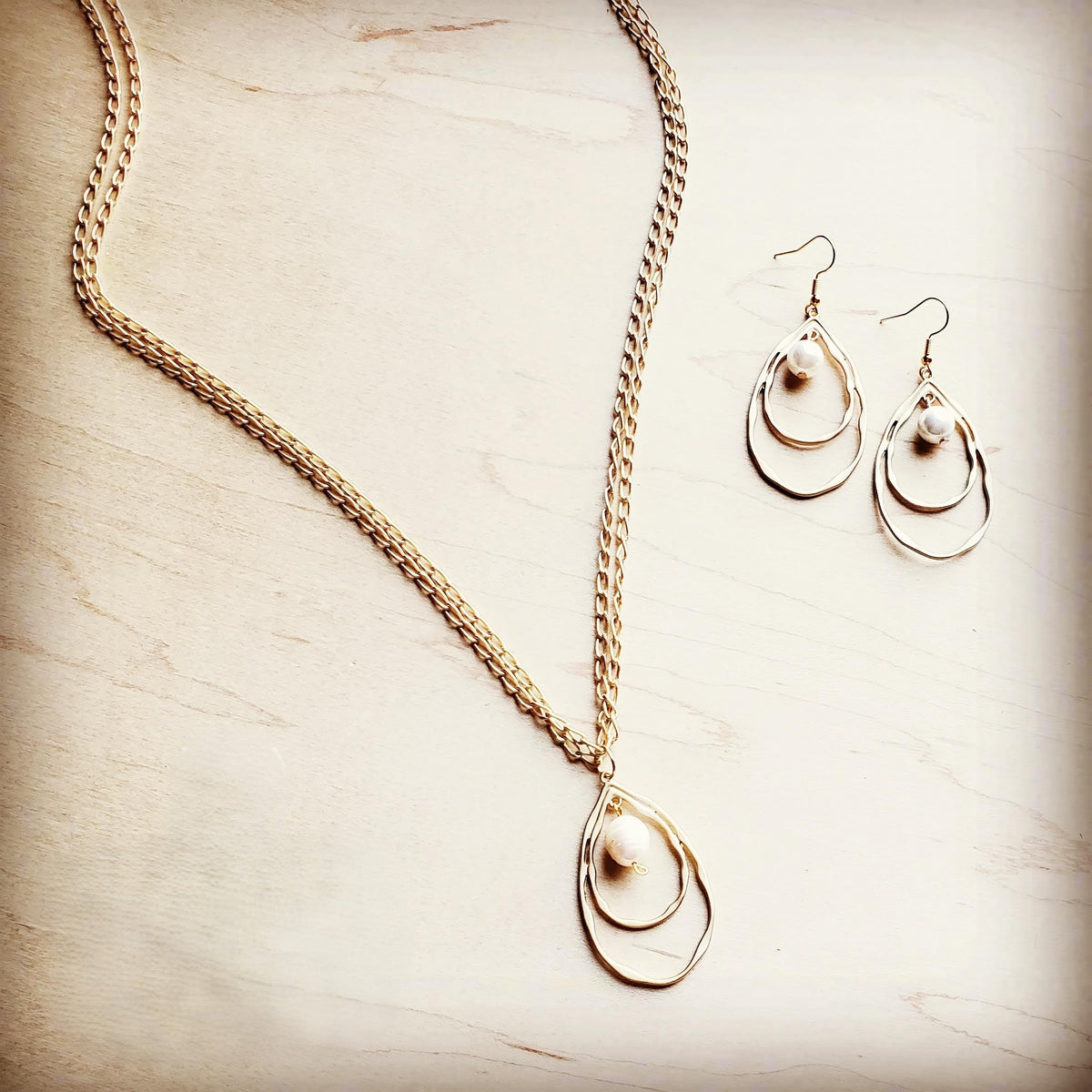 Matte Gold Double Hoop Earrings with Pearl | Boho Style