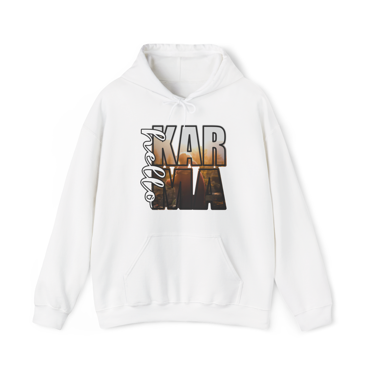 HELLO Karma Fall Hoodie Sweatshirt, Cozy Women's Pullover, Cute Graphic Sweatshirt, Autumn Casual Top, Positive Vibes Gift