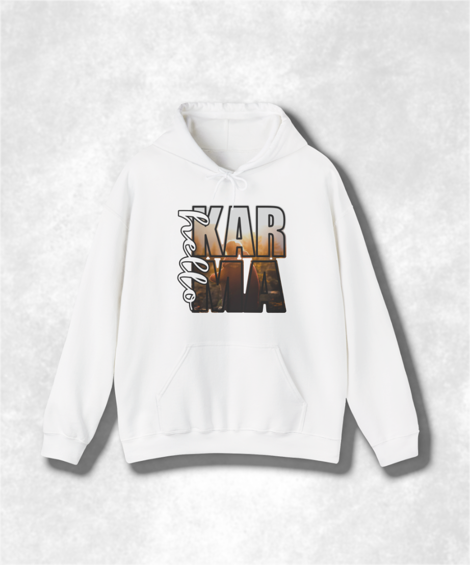 HELLO Karma Fall Hoodie Sweatshirt, Cozy Women's Pullover, Cute Graphic Sweatshirt, Autumn Casual Top, Positive Vibes Gift
