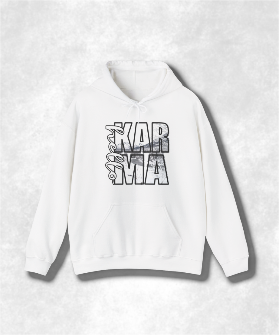 HELLO Karma Winter Hoodie Sweatshirt, Cozy Unisex Graphic Pullover, Positive Vibes Streetwear, Casual Warm Hooded Sweater, Gift Idea