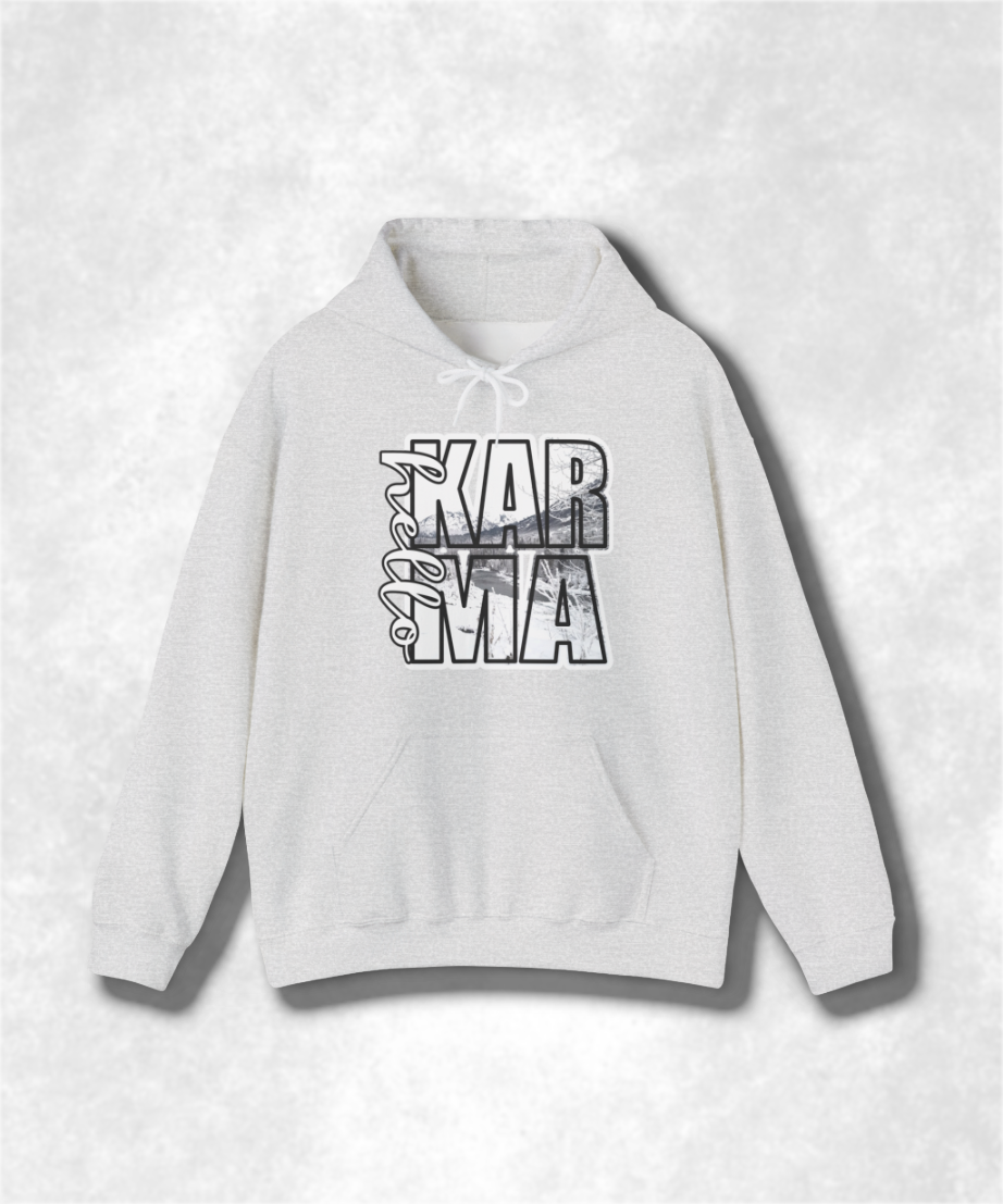 HELLO Karma Winter Hoodie Sweatshirt, Cozy Unisex Graphic Pullover, Positive Vibes Streetwear, Casual Warm Hooded Sweater, Gift Idea