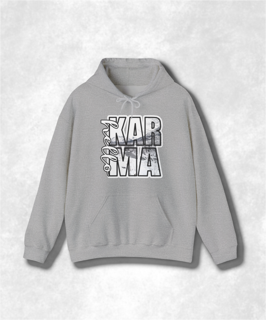 HELLO Karma Winter Hoodie Sweatshirt, Cozy Unisex Graphic Pullover, Positive Vibes Streetwear, Casual Warm Hooded Sweater, Gift Idea