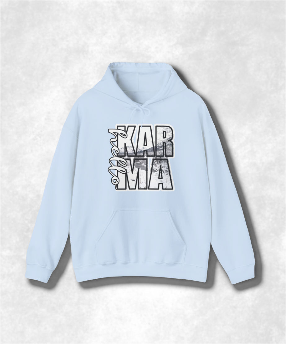 HELLO Karma Winter Hoodie Sweatshirt, Cozy Unisex Graphic Pullover, Positive Vibes Streetwear, Casual Warm Hooded Sweater, Gift Idea