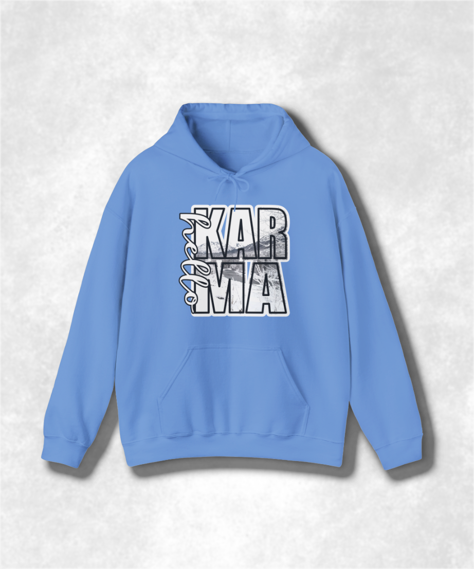 HELLO Karma Winter Hoodie Sweatshirt, Cozy Unisex Graphic Pullover, Positive Vibes Streetwear, Casual Warm Hooded Sweater, Gift Idea