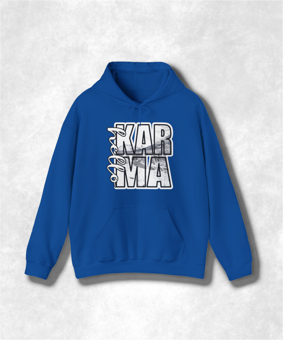 HELLO Karma Winter Hoodie Sweatshirt, Cozy Unisex Graphic Pullover, Positive Vibes Streetwear, Casual Warm Hooded Sweater, Gift Idea