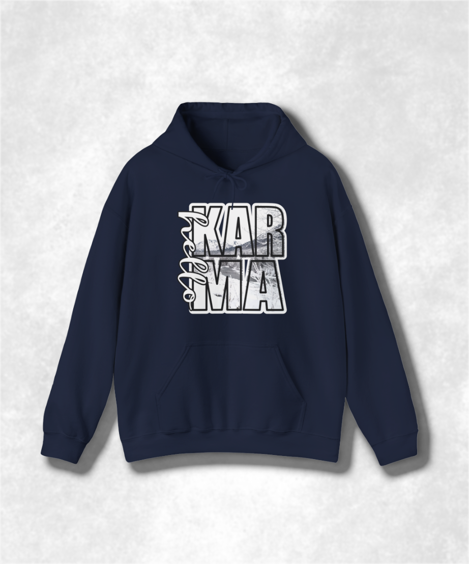 HELLO Karma Winter Hoodie Sweatshirt, Cozy Unisex Graphic Pullover, Positive Vibes Streetwear, Casual Warm Hooded Sweater, Gift Idea