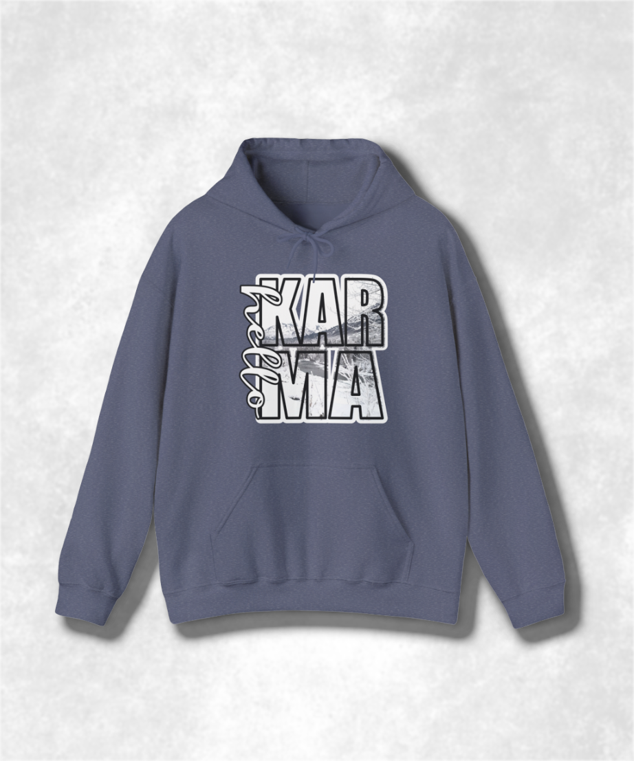 HELLO Karma Winter Hoodie Sweatshirt, Cozy Unisex Graphic Pullover, Positive Vibes Streetwear, Casual Warm Hooded Sweater, Gift Idea