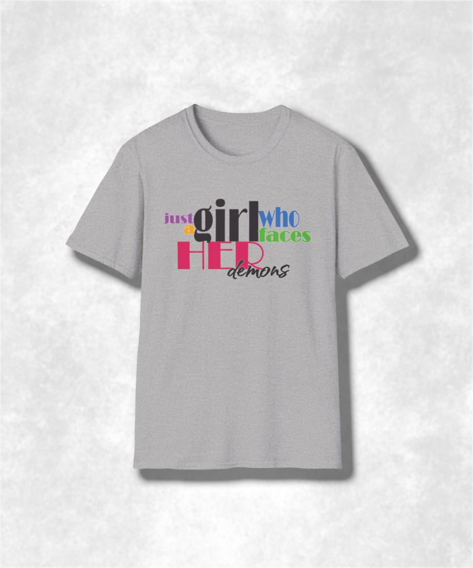 Just a Girl Who Faces Her Demons T-Shirt, Women's Graphic Tee, Personalized Demon Slayer Shirt, Inspirational Quote Top, Cute Mental Health