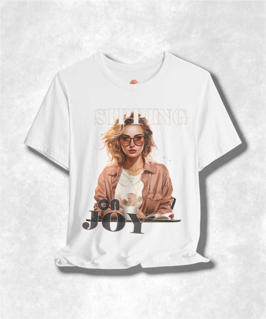 Sipping on Joy Karma T-Shirt - Positive Vibes Graphic Tee, Inspirational Casual Wear