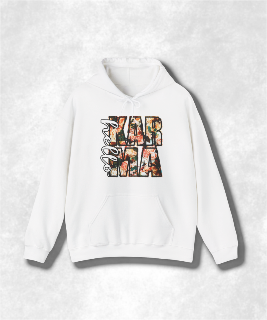 HELLO Karma Spring Hoodie Sweatshirt, Unisex Cozy Pullover, Positive Vibes Graphic Sweatshirt, Casual Streetwear, Gift for Her, Boho Style