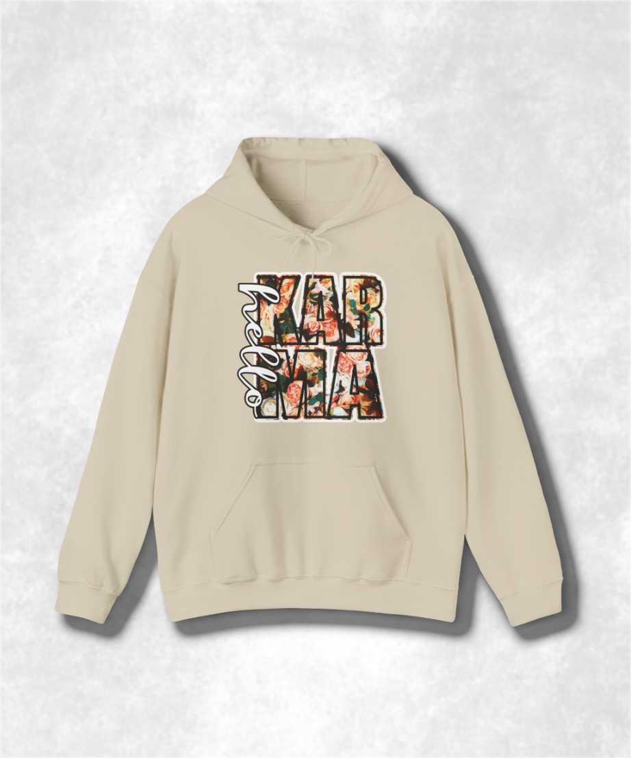 HELLO Karma Spring Hoodie Sweatshirt, Unisex Cozy Pullover, Positive Vibes Graphic Sweatshirt, Casual Streetwear, Gift for Her, Boho Style