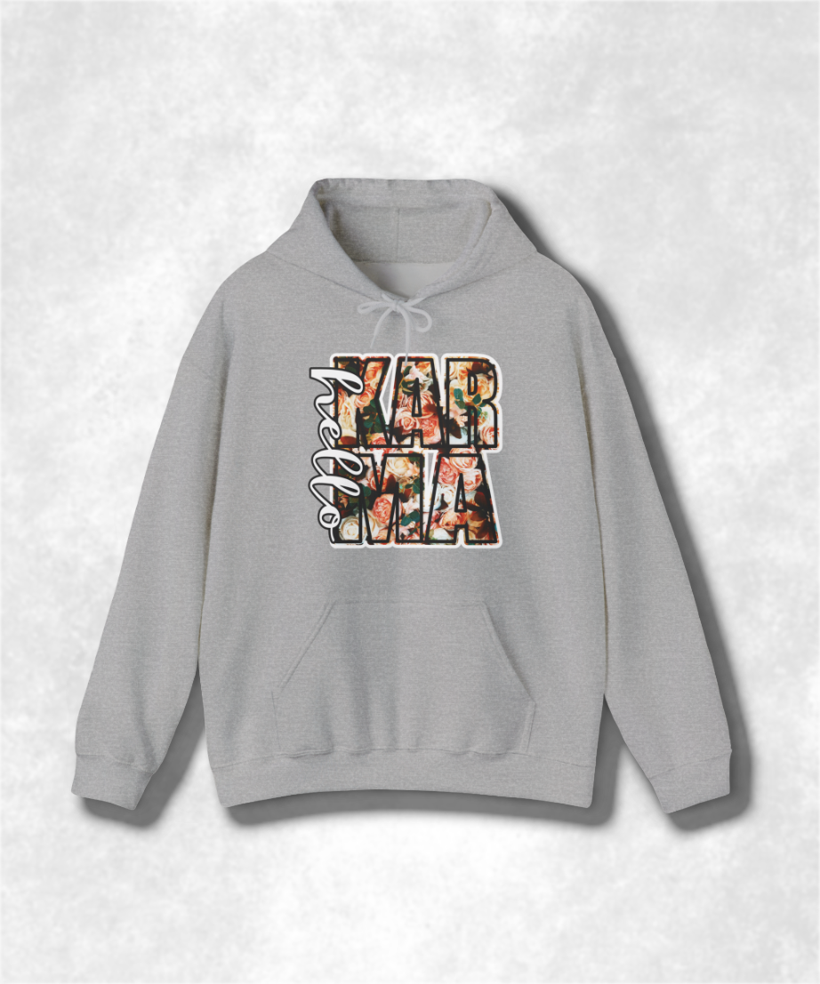 HELLO Karma Spring Hoodie Sweatshirt, Unisex Cozy Pullover, Positive Vibes Graphic Sweatshirt, Casual Streetwear, Gift for Her, Boho Style