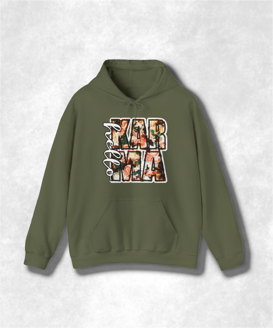 HELLO Karma Spring Hoodie Sweatshirt, Unisex Cozy Pullover, Positive Vibes Graphic Sweatshirt, Casual Streetwear, Gift for Her, Boho Style