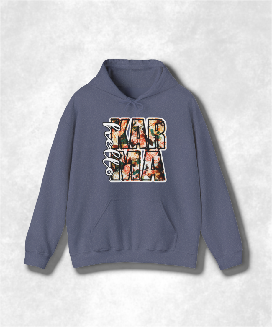 HELLO Karma Spring Hoodie Sweatshirt, Unisex Cozy Pullover, Positive Vibes Graphic Sweatshirt, Casual Streetwear, Gift for Her, Boho Style