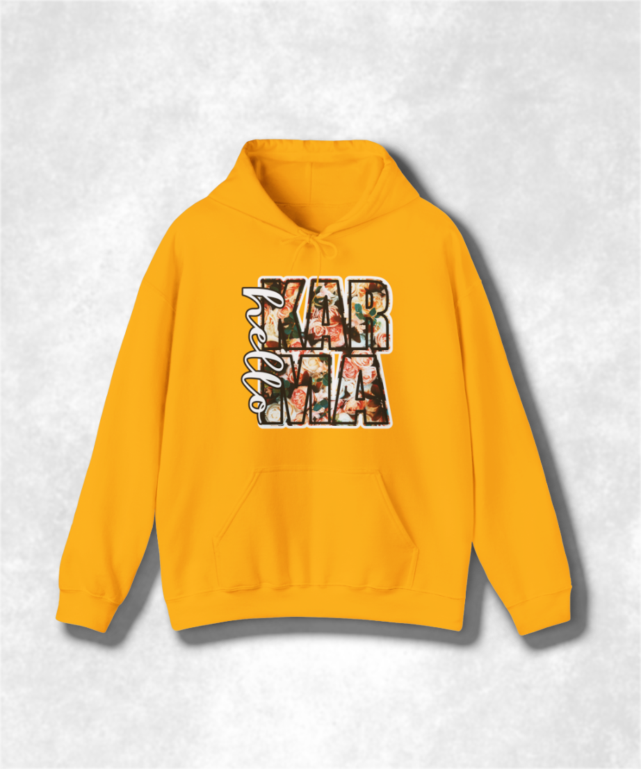 HELLO Karma Spring Hoodie Sweatshirt, Unisex Cozy Pullover, Positive Vibes Graphic Sweatshirt, Casual Streetwear, Gift for Her, Boho Style