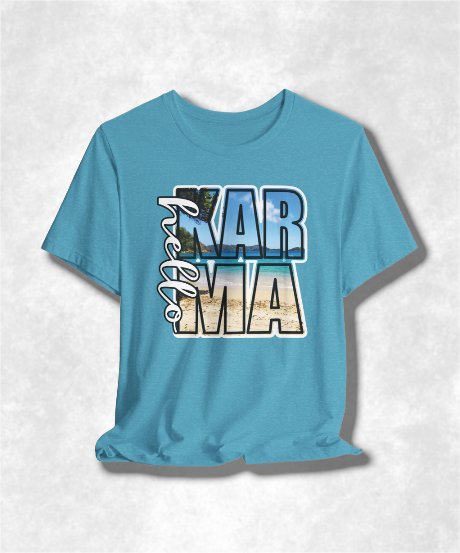 HELLO Karma Summer T-Shirt, Women's Graphic Tee, Positive Vibes Shirt, Casual Boho Top, Inspirational Clothing, Summer Fashion Gift