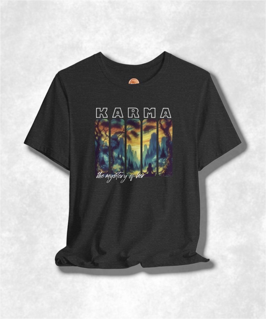 The Mystery of Her Karma T-Shirt - Women's Graphic Tee, Spiritual Streetwear, Boho Chic Clothing, Inspirational Apparel, Unique Gift Idea