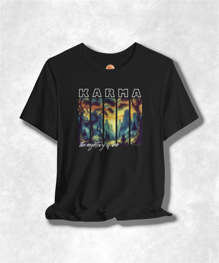 The Mystery of Her Karma T-Shirt - Women's Graphic Tee, Spiritual Streetwear, Boho Chic Clothing, Inspirational Apparel, Unique Gift Idea