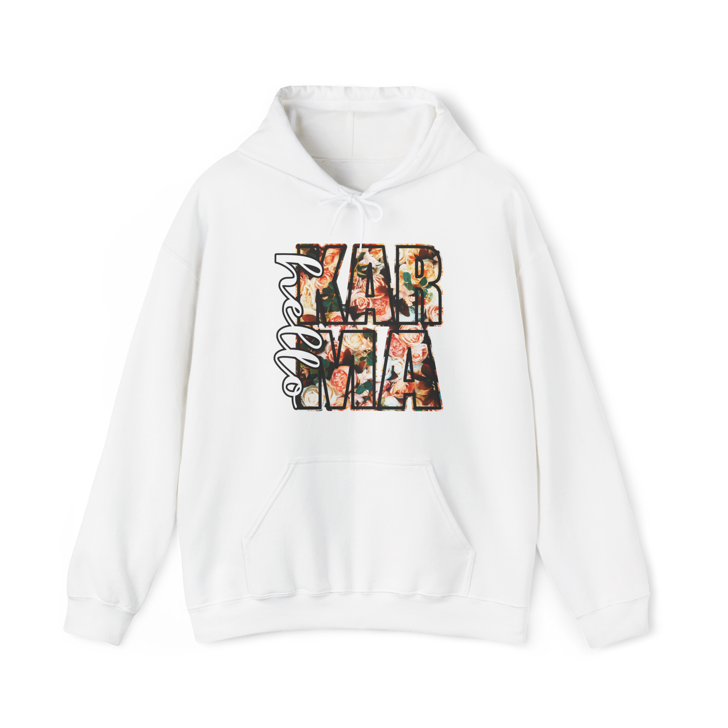 HELLO Karma Spring Hoodie Sweatshirt, Unisex Cozy Pullover, Positive Vibes Graphic Sweatshirt, Casual Streetwear, Gift for Her, Boho Style