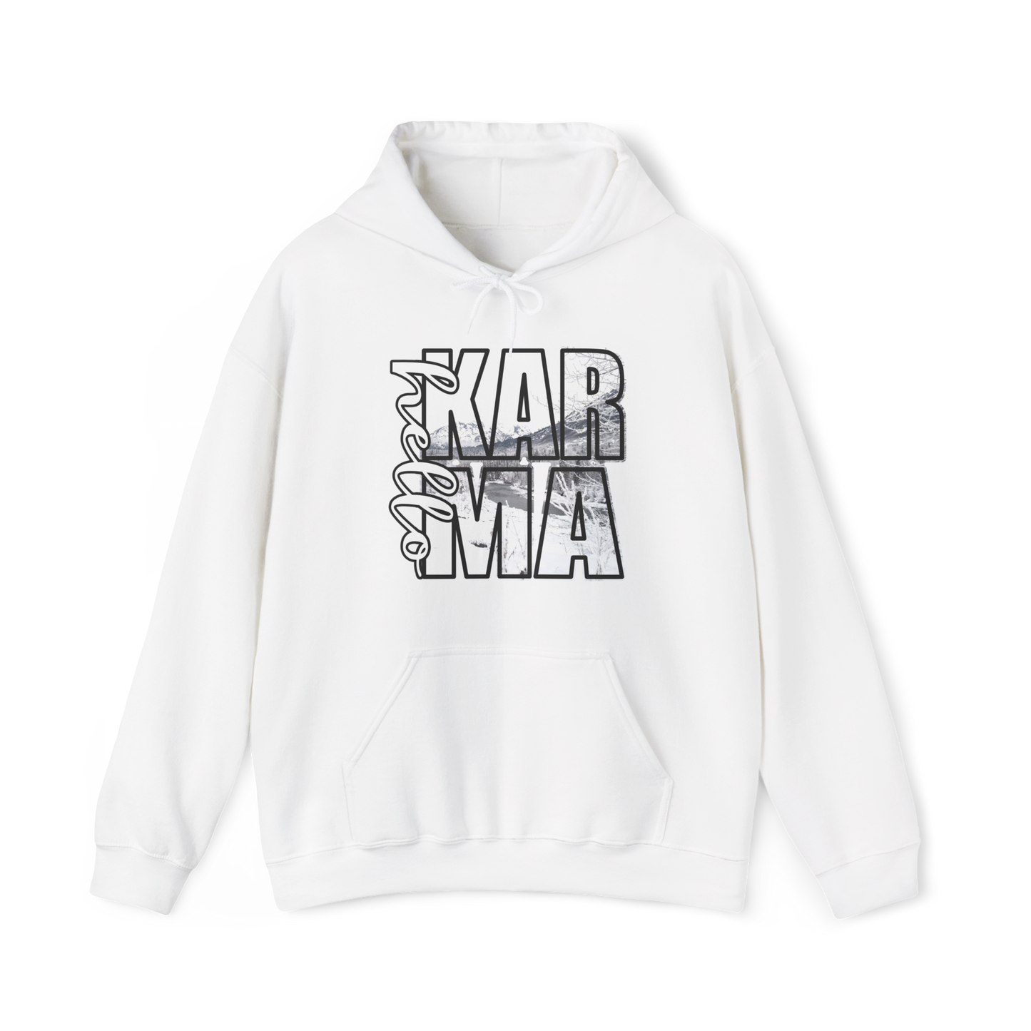 HELLO Karma Winter Hoodie Sweatshirt, Cozy Unisex Graphic Pullover, Positive Vibes Streetwear, Casual Warm Hooded Sweater, Gift Idea