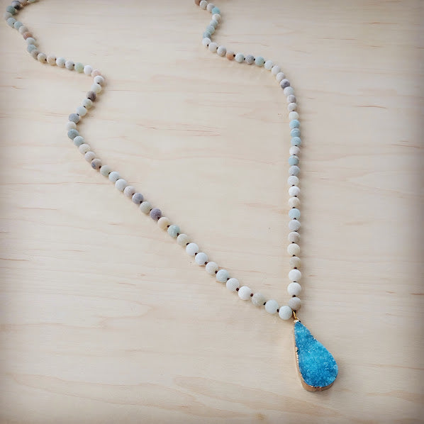 Amazonite Long Beaded Necklace with Ocean Agate Pendant