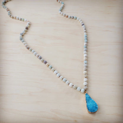 Amazonite Long Beaded Necklace with Ocean Agate Pendant