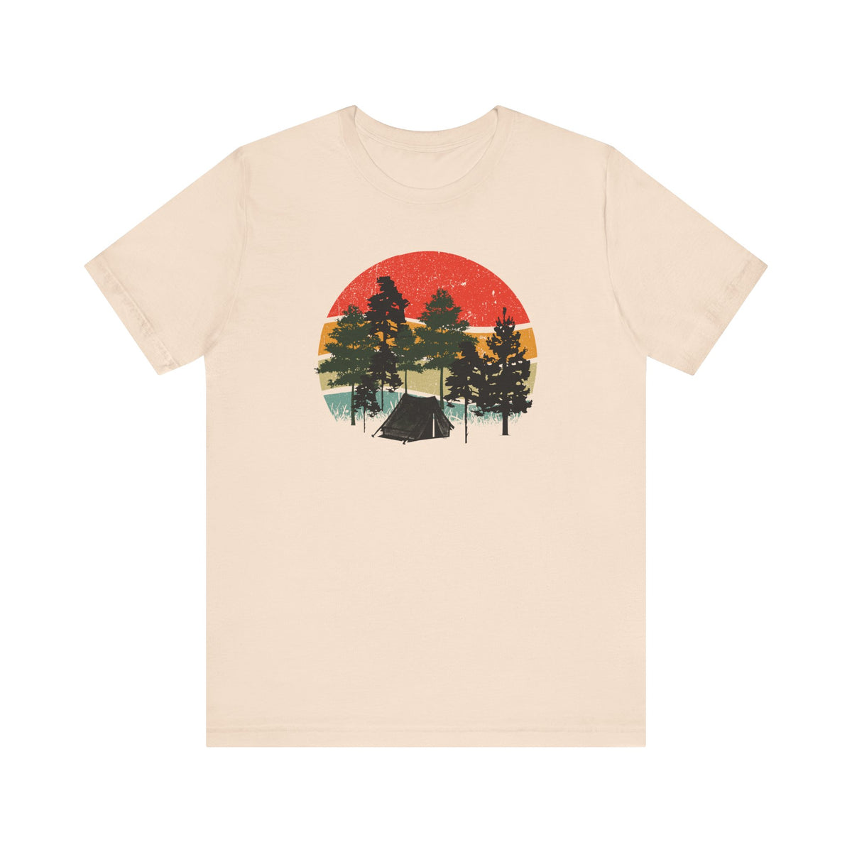 Retro Sunset Camping T-Shirt — Vintage Forest Tent Graphic Tee