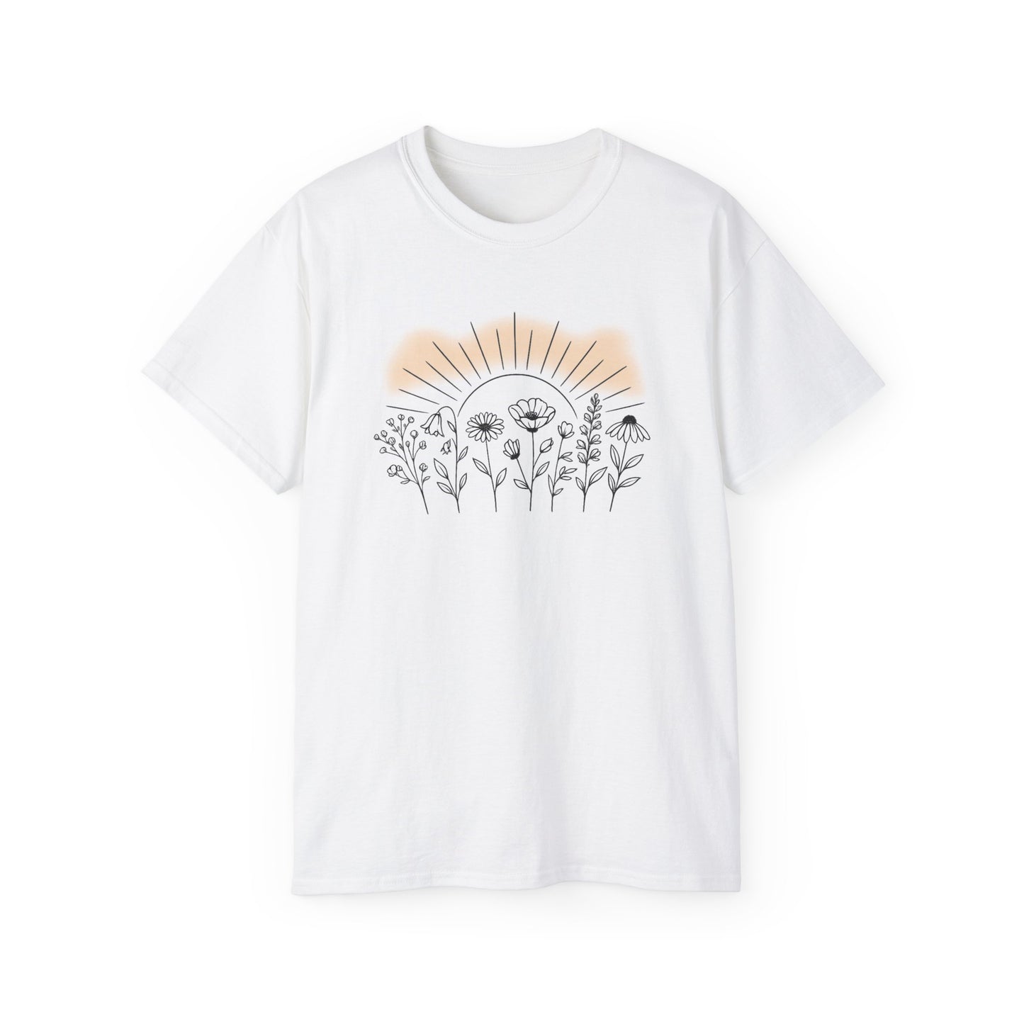 Minimal Wildflower Line Art Tee | Gold Sunrise Halo
