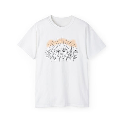 Minimal Wildflower Line Art Tee | Gold Sunrise Halo
