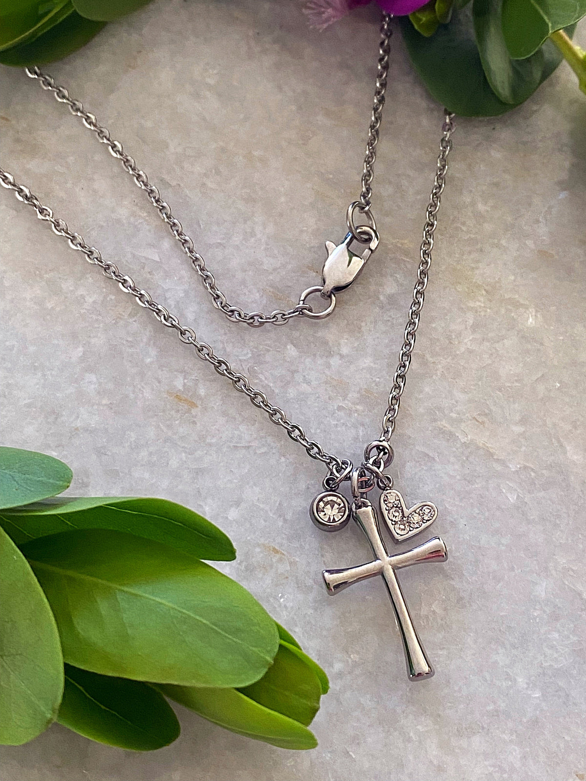 Dainty Cross Necklace – Slender Stainless Steel Cross with Crystal & Heart Charm | Waterproof & Tarnish‑Free