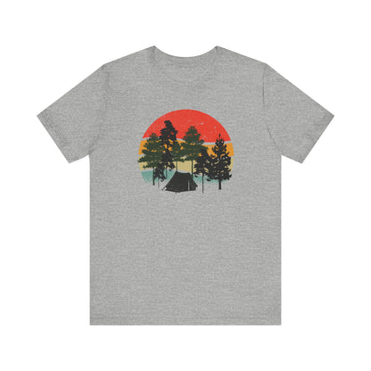 Retro Sunset Camping T-Shirt — Vintage Forest Tent Graphic Tee
