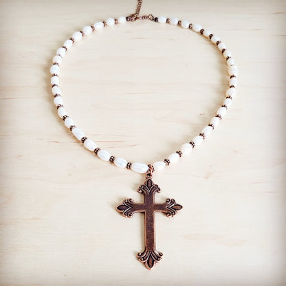 Genuine Freshwater Pearl Necklace with Copper Cross Pendant