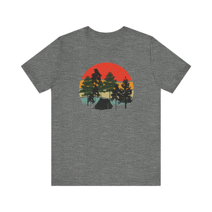 Retro Sunset Camping T-Shirt — Vintage Forest Tent Graphic Tee