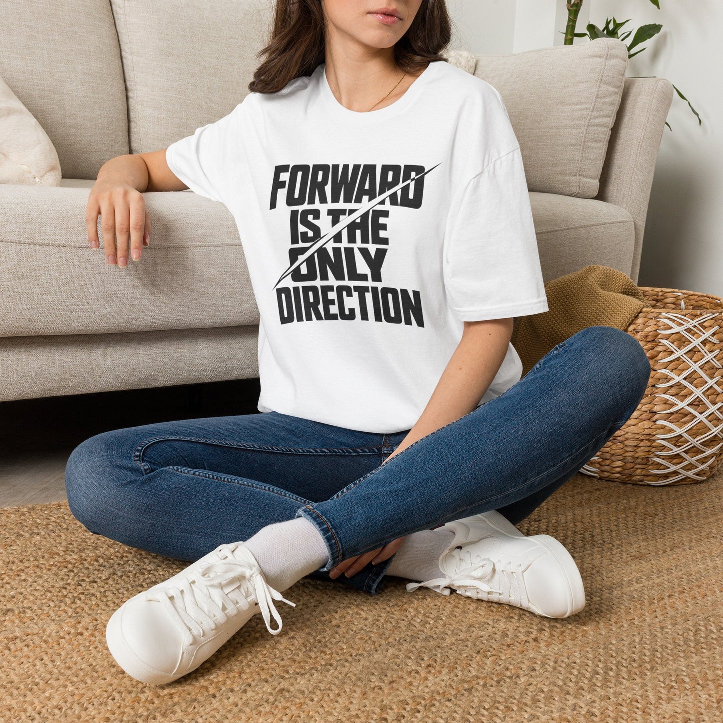 Forward Is the Only Direction T-Shirt | Bold Block Lettering, Diagonal Slash