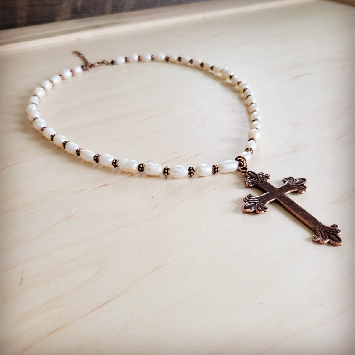 Genuine Freshwater Pearl Necklace with Copper Cross Pendant