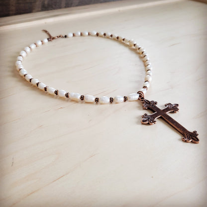 Genuine Freshwater Pearl Necklace with Copper Cross Pendant