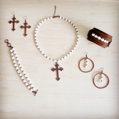 Genuine Freshwater Pearl Necklace with Copper Cross Pendant