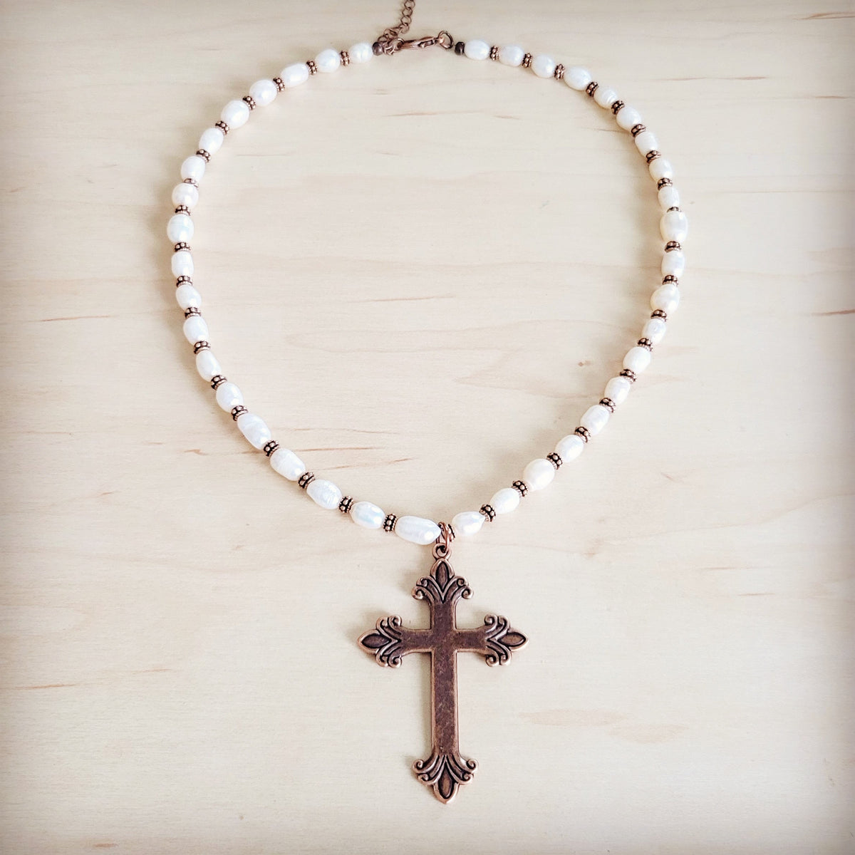 Genuine Freshwater Pearl Necklace with Copper Cross Pendant
