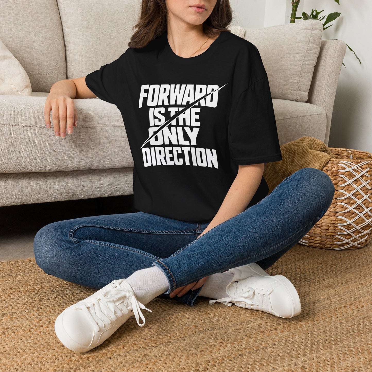 Forward Is the Only Direction T-Shirt | Bold Block Lettering, Diagonal Slash