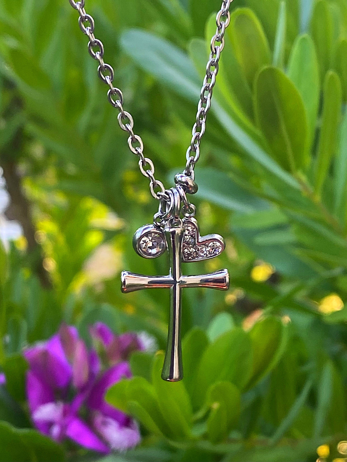 Dainty Cross Necklace – Slender Stainless Steel Cross with Crystal & Heart Charm | Waterproof & Tarnish‑Free