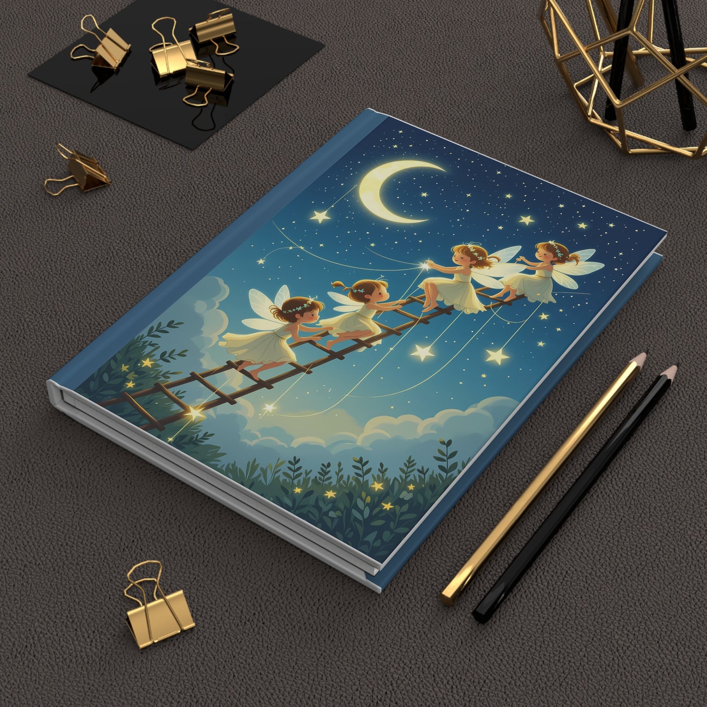 Enchanting Fairies Journal: Golden Glowing Stars Under Moonlight, Hardcover Matte Notebook