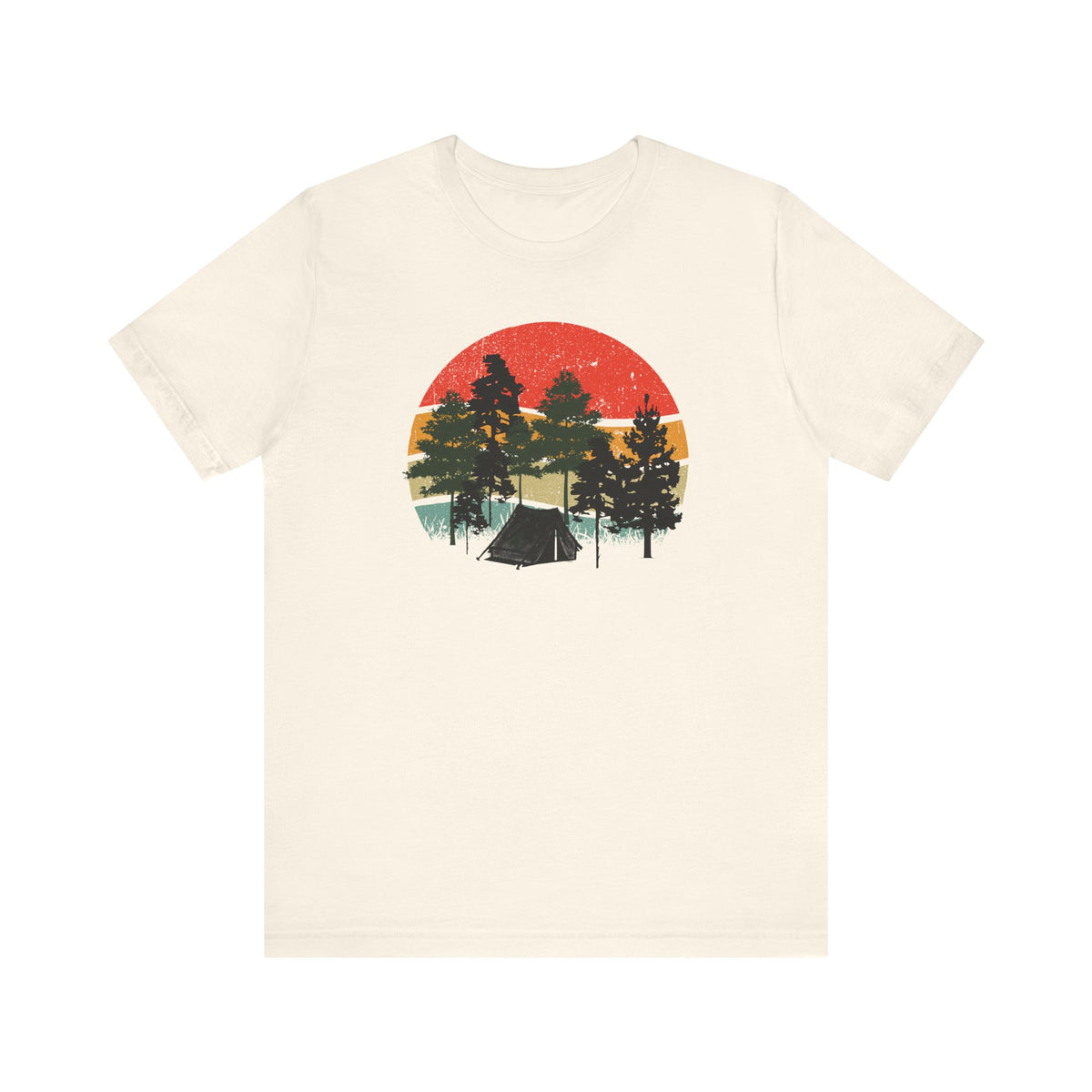 Retro Sunset Camping T-Shirt — Vintage Forest Tent Graphic Tee