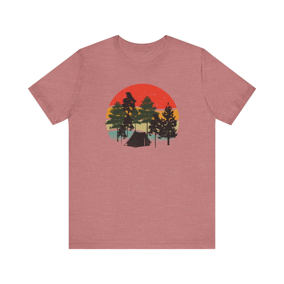 Retro Sunset Camping T-Shirt — Vintage Forest Tent Graphic Tee