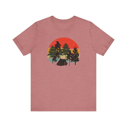 Retro Sunset Camping T-Shirt — Vintage Forest Tent Graphic Tee