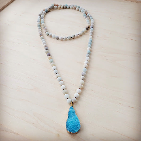 Amazonite Long Beaded Necklace with Ocean Agate Pendant