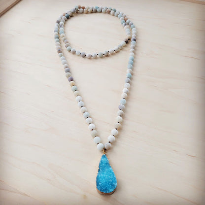 Amazonite Long Beaded Necklace with Ocean Agate Pendant