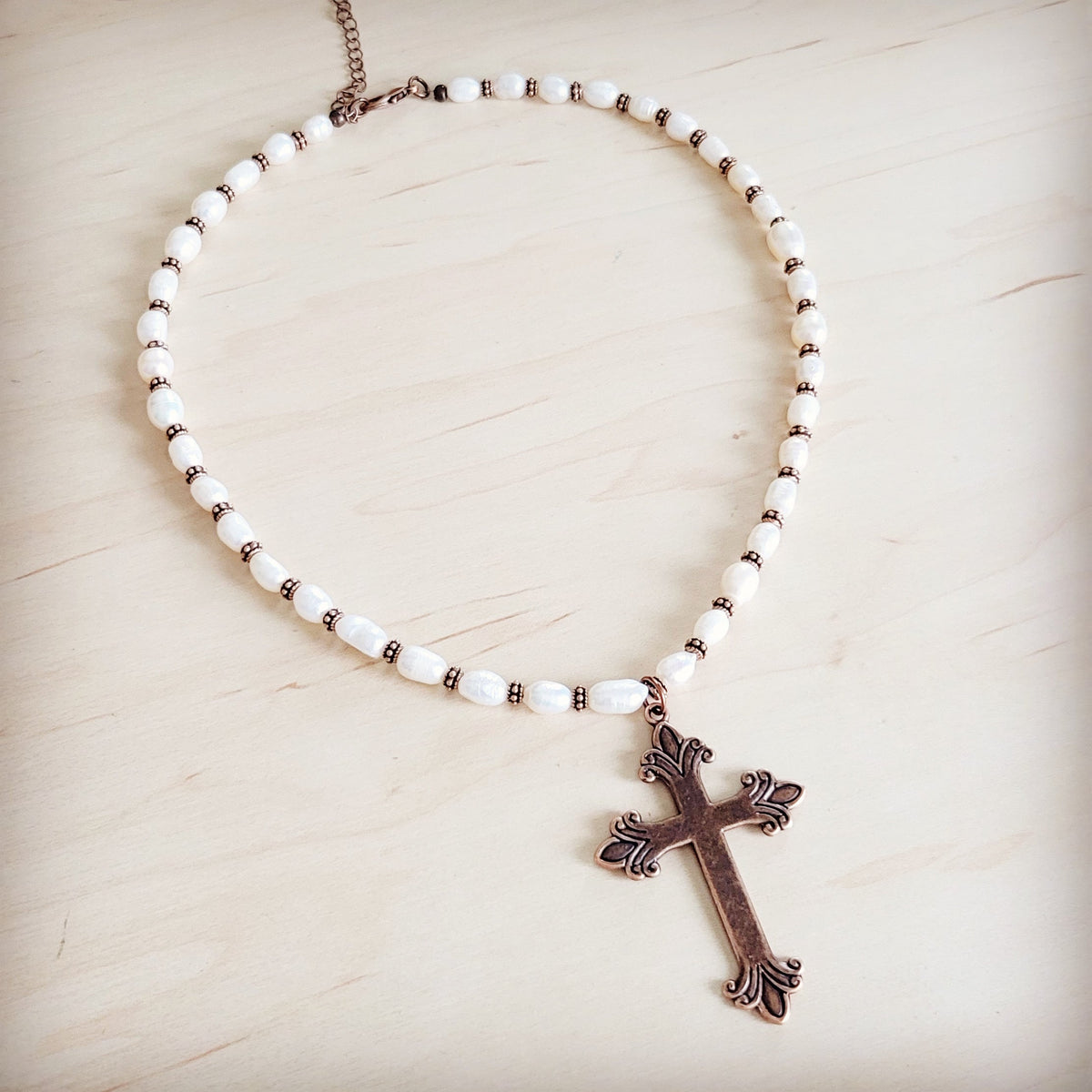 Genuine Freshwater Pearl Necklace with Copper Cross Pendant