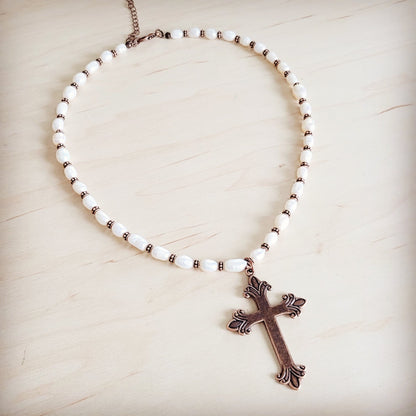 Genuine Freshwater Pearl Necklace with Copper Cross Pendant