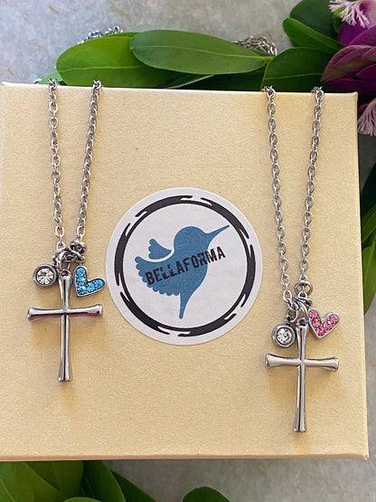 Dainty Cross Necklace – Slender Stainless Steel Cross with Crystal & Heart Charm | Waterproof & Tarnish‑Free