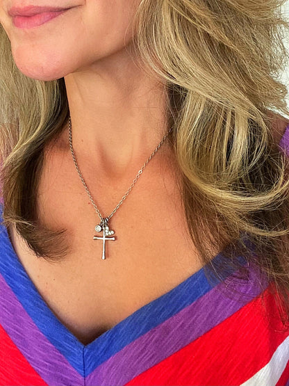 Dainty Cross Necklace – Slender Stainless Steel Cross with Crystal & Heart Charm | Waterproof & Tarnish‑Free